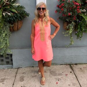 Lilly Pulitzer Neon Coral Shift Dress with Gold Embroidery